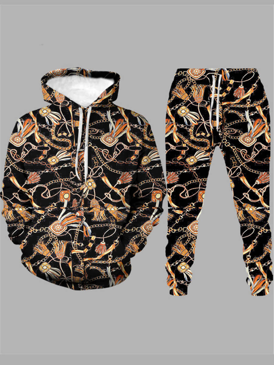 

Lovely Street Hooded Collar Priny Black Men Two-piece Pants Set