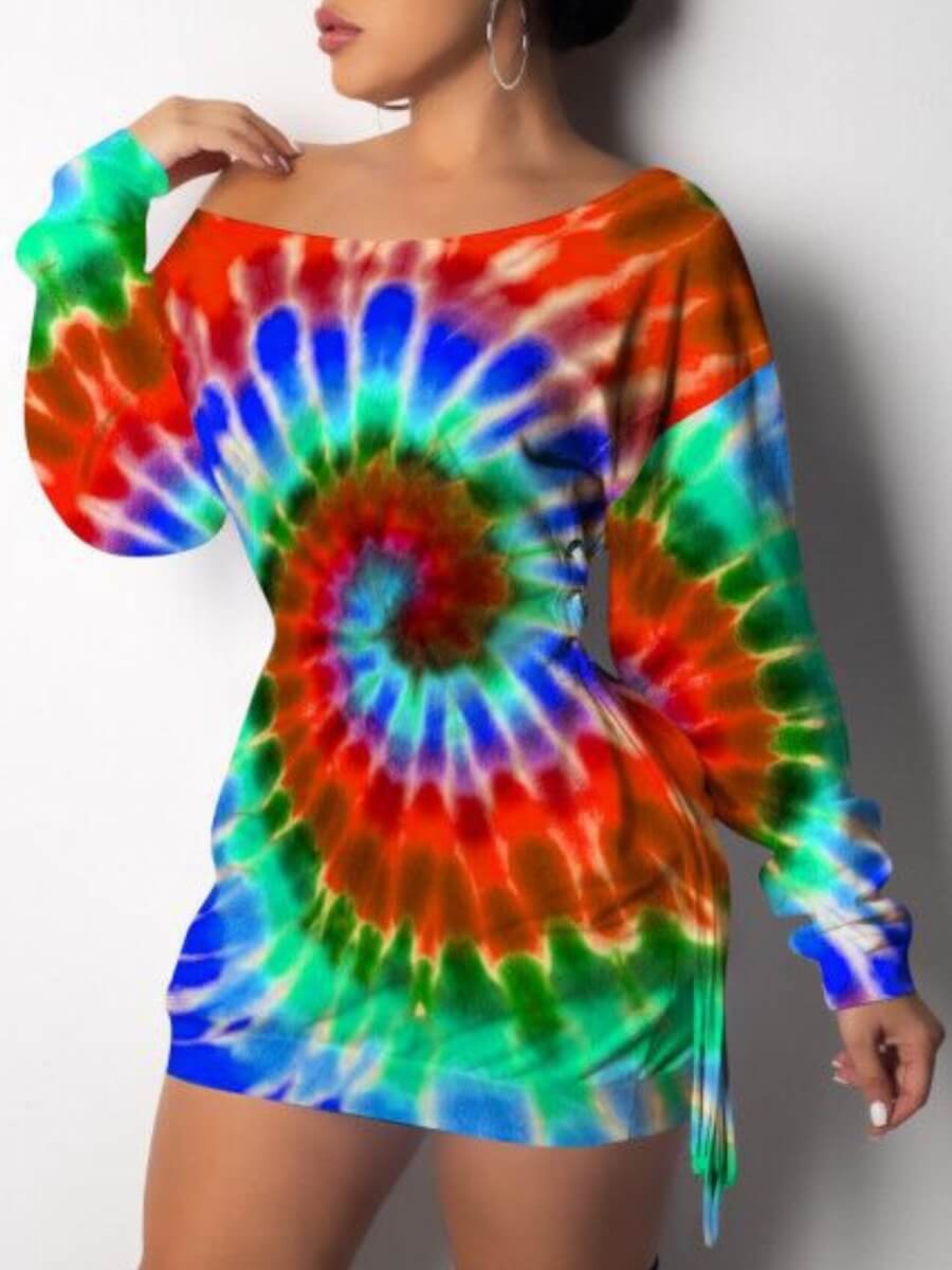 

Lovely Casual Dropped Shoulder Rainbow Print Red Mini Dress