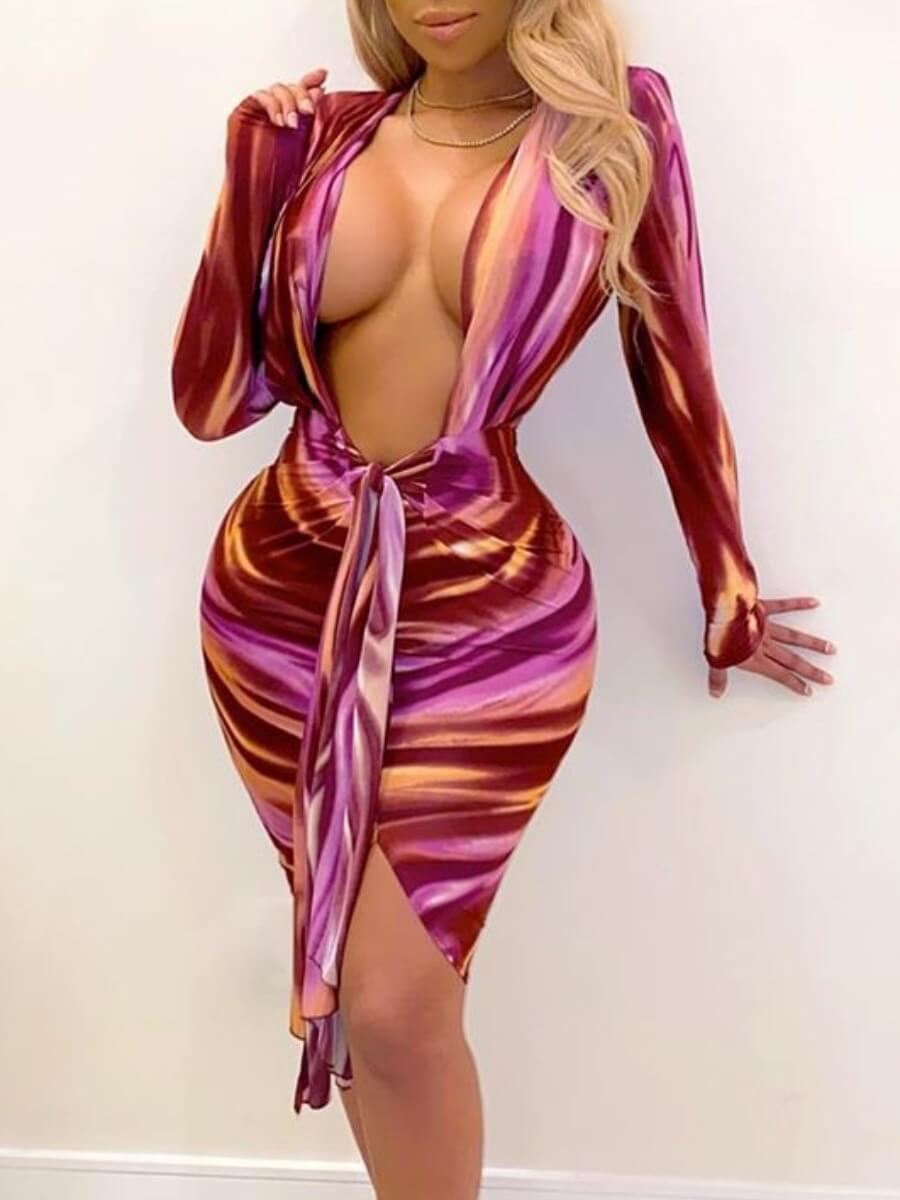 

Lovely Sexy Deep V Neck Knot Design Wine Red Knee Length Dress