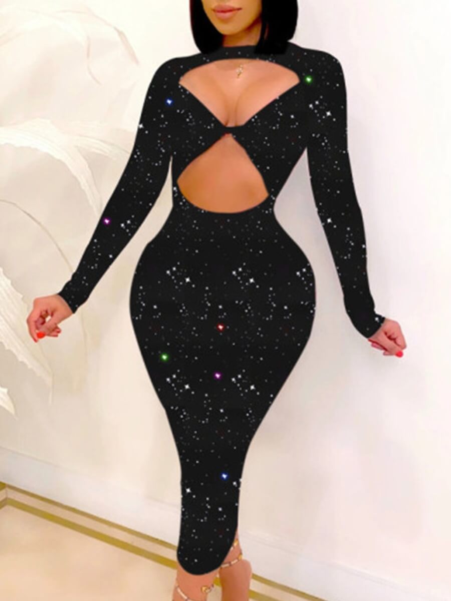 

Lovely Sexy Hollow-out Sequined Skinny Black Mid Calf Dress