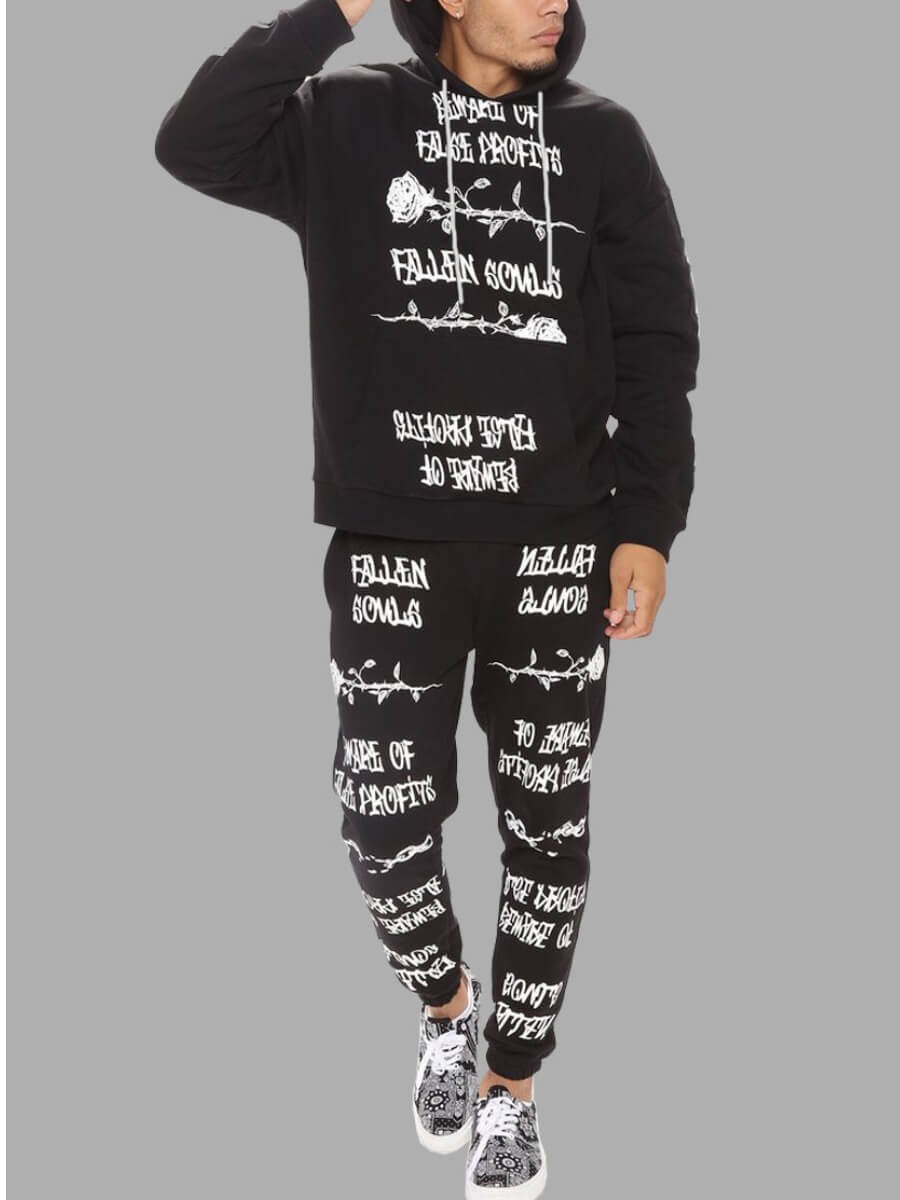 

Lovely Street Hooded Collar Letter Print Black Men Two-piece Pants Set