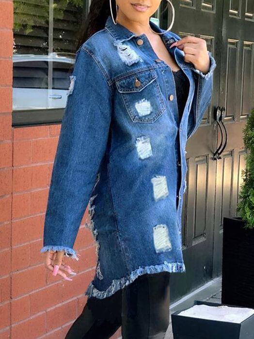 

Lovely Street Turndown Collar Broken Holes Deep Blue Denim Jacket