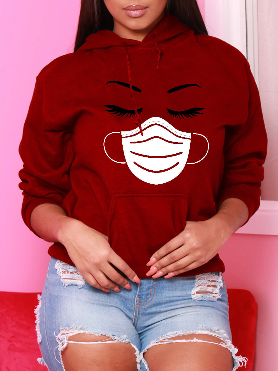 

Lovely Casual Kangaroo Pocket Print Red Hoodie