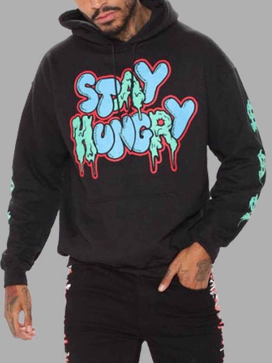 

LW Men Casual Hooded Collar Letter Print Black Hoodie