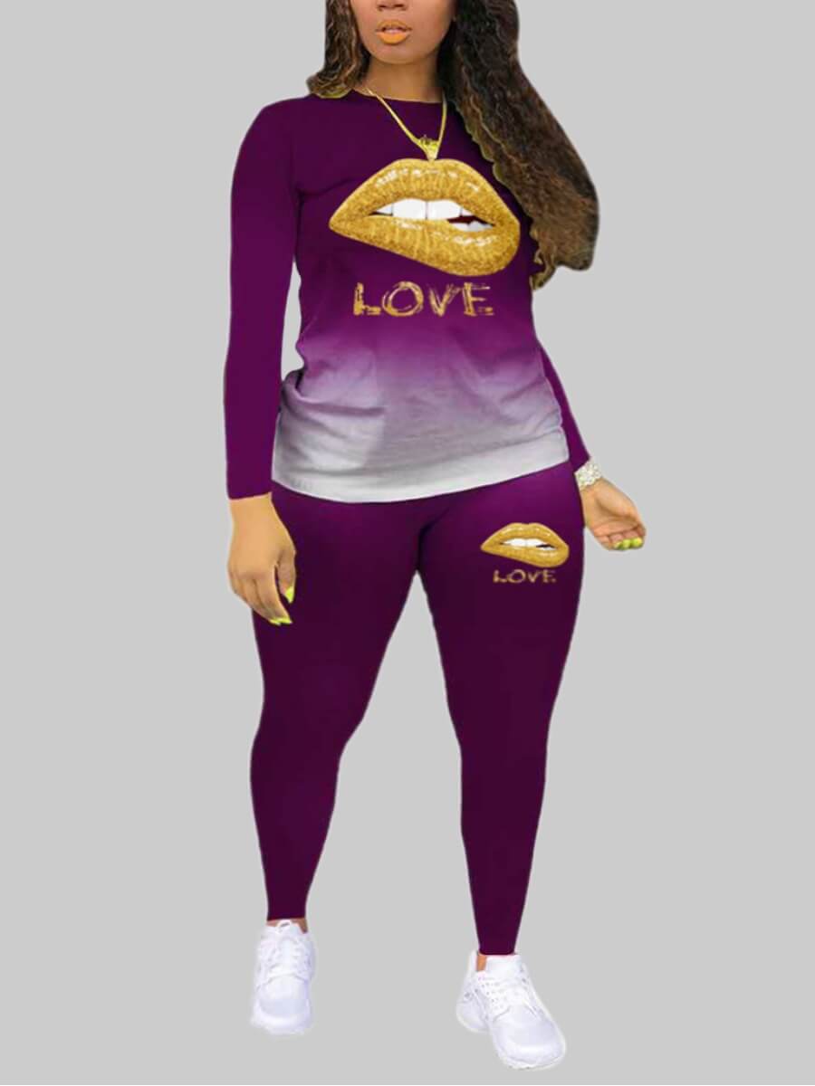 

Lovely Casual Lip Print Purple Plus Size Two-piece Pants Set
