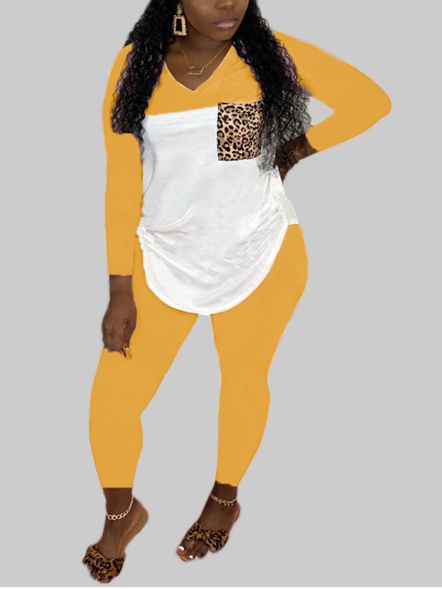 

Lovely Casual V Neck Patchwork Yellow Plus Size Two-piece Pants Set