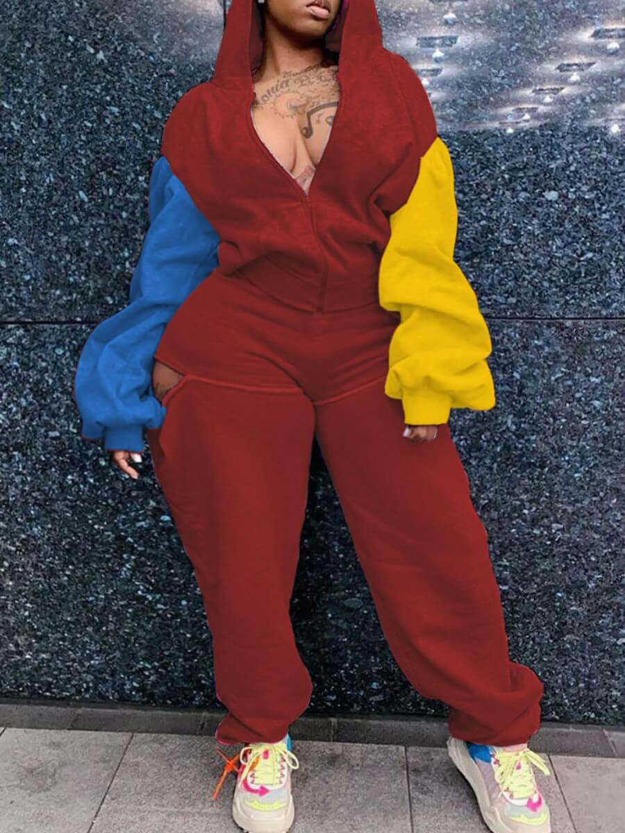 

Lovely Sportswear Hooded Collar Patchwork Red Two Piece Pants Set