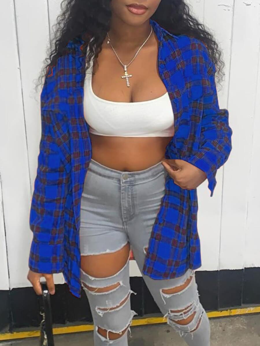 

Lovely Casual Turndown Collar Grid Print Blue Blouse