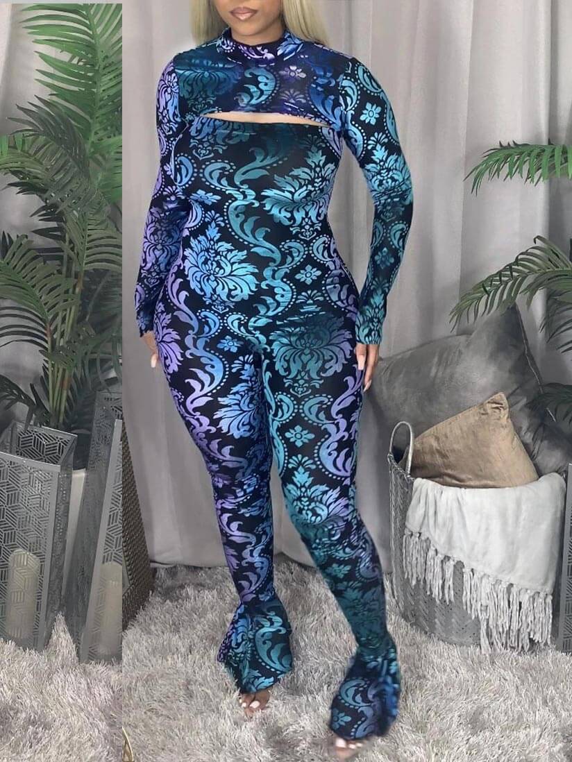

Lovely Party Turtleneck Floral Print Hollow-out Blue One-piece Jumpsuit