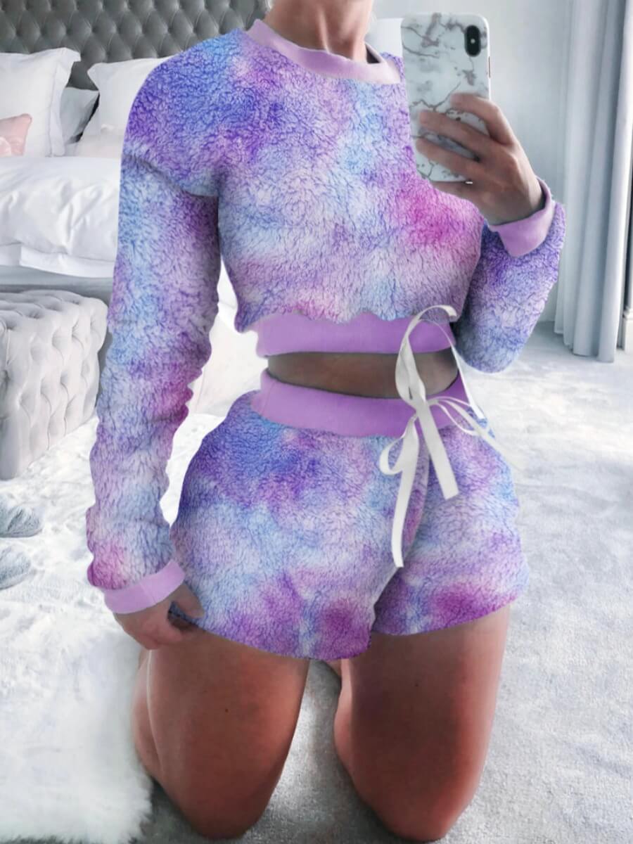 

Lovely Stylish O Neck Tie-dye Purple Sleepwear