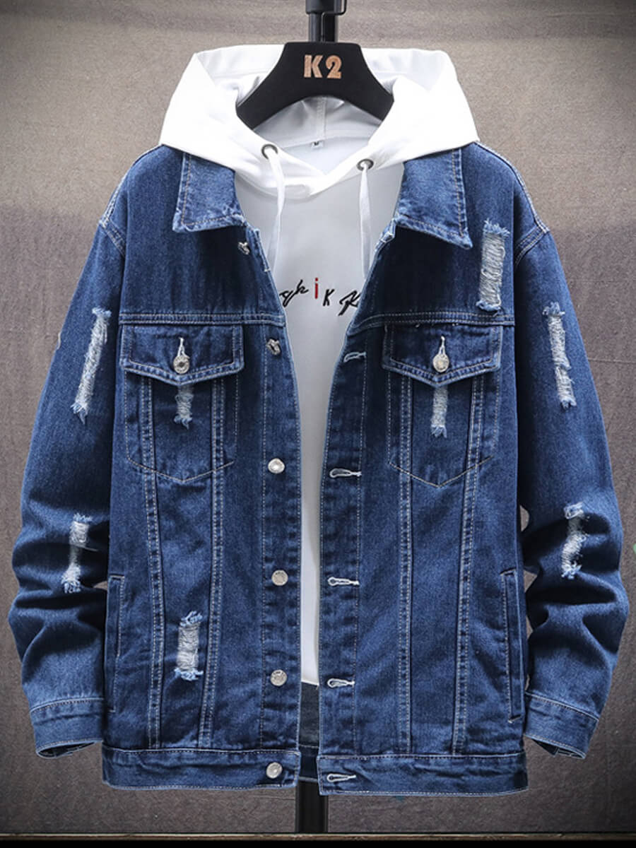 

Lovely Casual Turndown Collar Broken Holes Deep Blue Men Denim Jacket