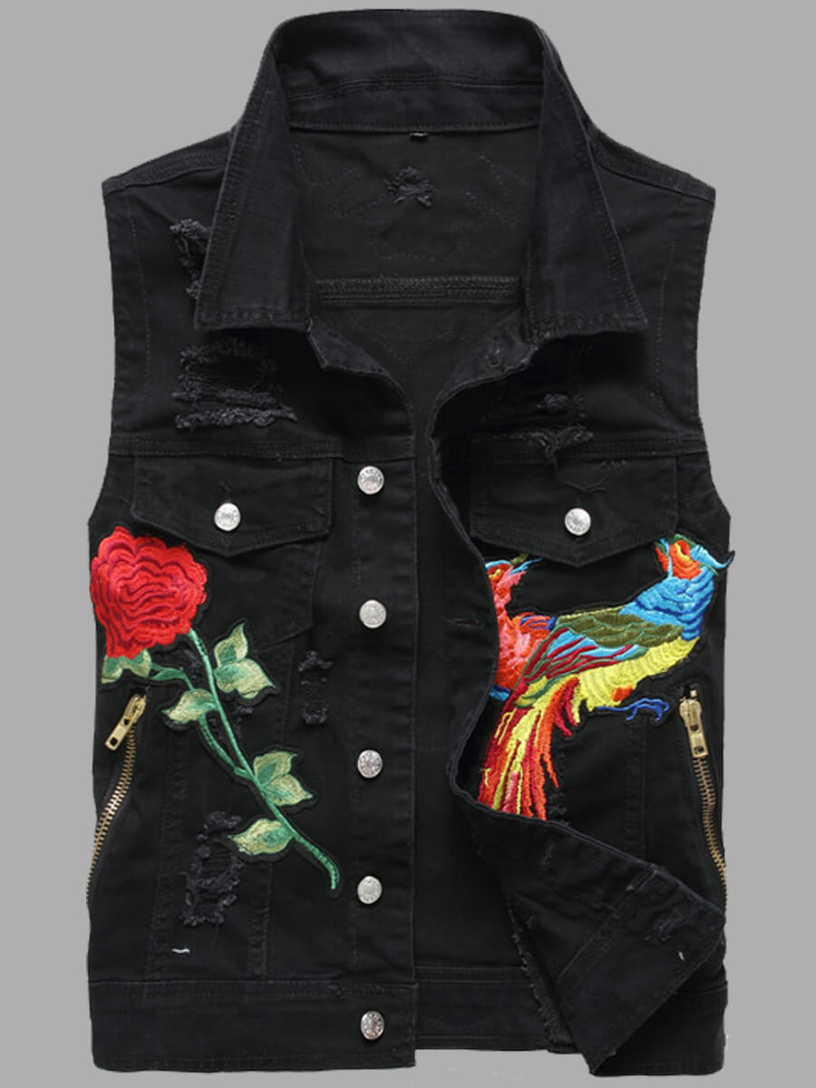 

Lovely Trendy Turndown Collar Embroidered Black Men Denim Jacket