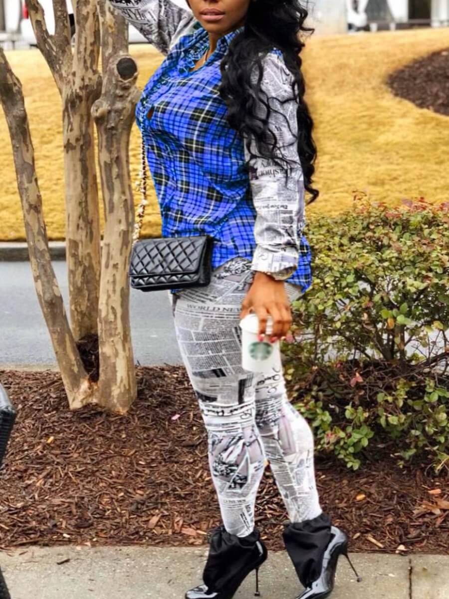

Lovely Stylish Plaid Print Patchwork Blue Two Piece Pants Set
