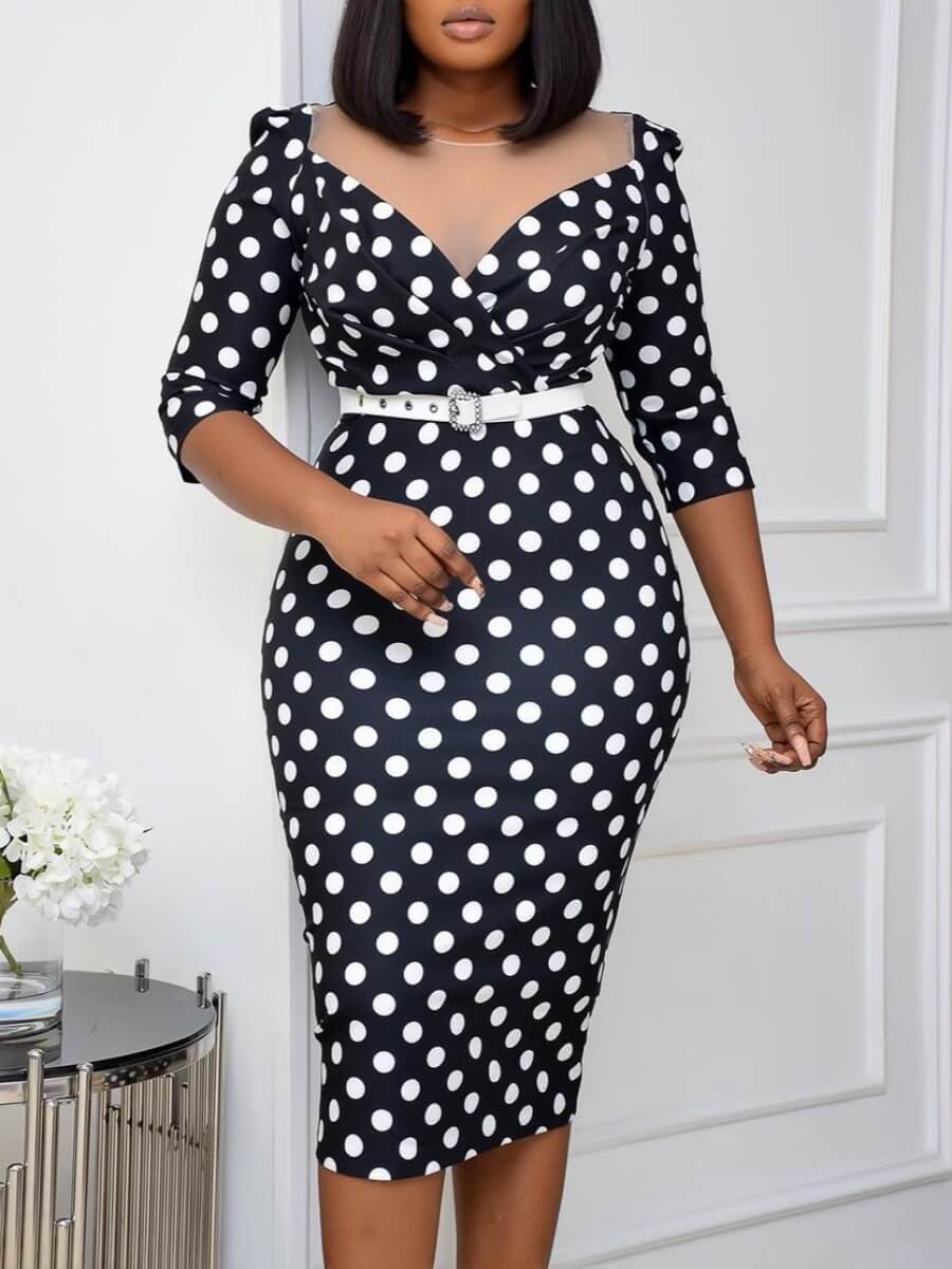 

Lovely Formal Dot Print Patchwork Black Knee Length Dress(With Belt