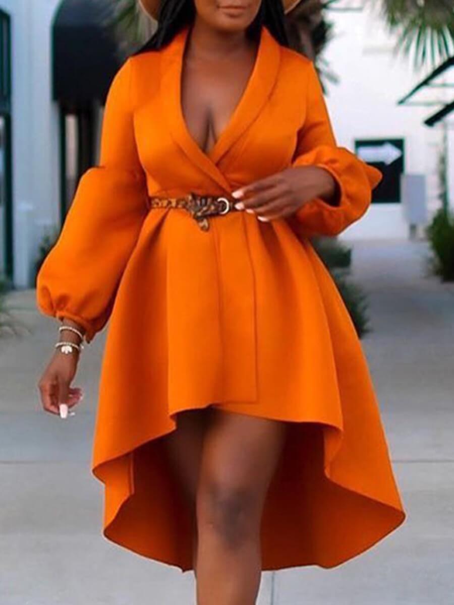 

Lovely Trendy Puffed Sleeve Loose Asymmetrical Orange Knee Length Dress(Without Belt