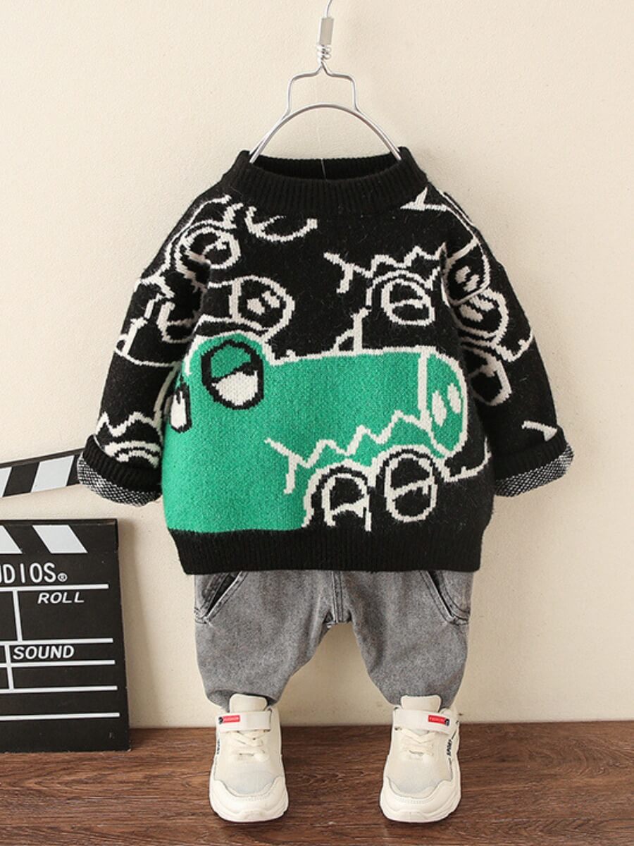 

Lovely Casual O Neck Print Patchwork Black Boy Sweater