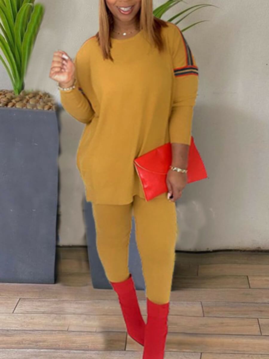 

Lovely Casual O Neck Patchwork Loose Yellow Two Piece Pants Set