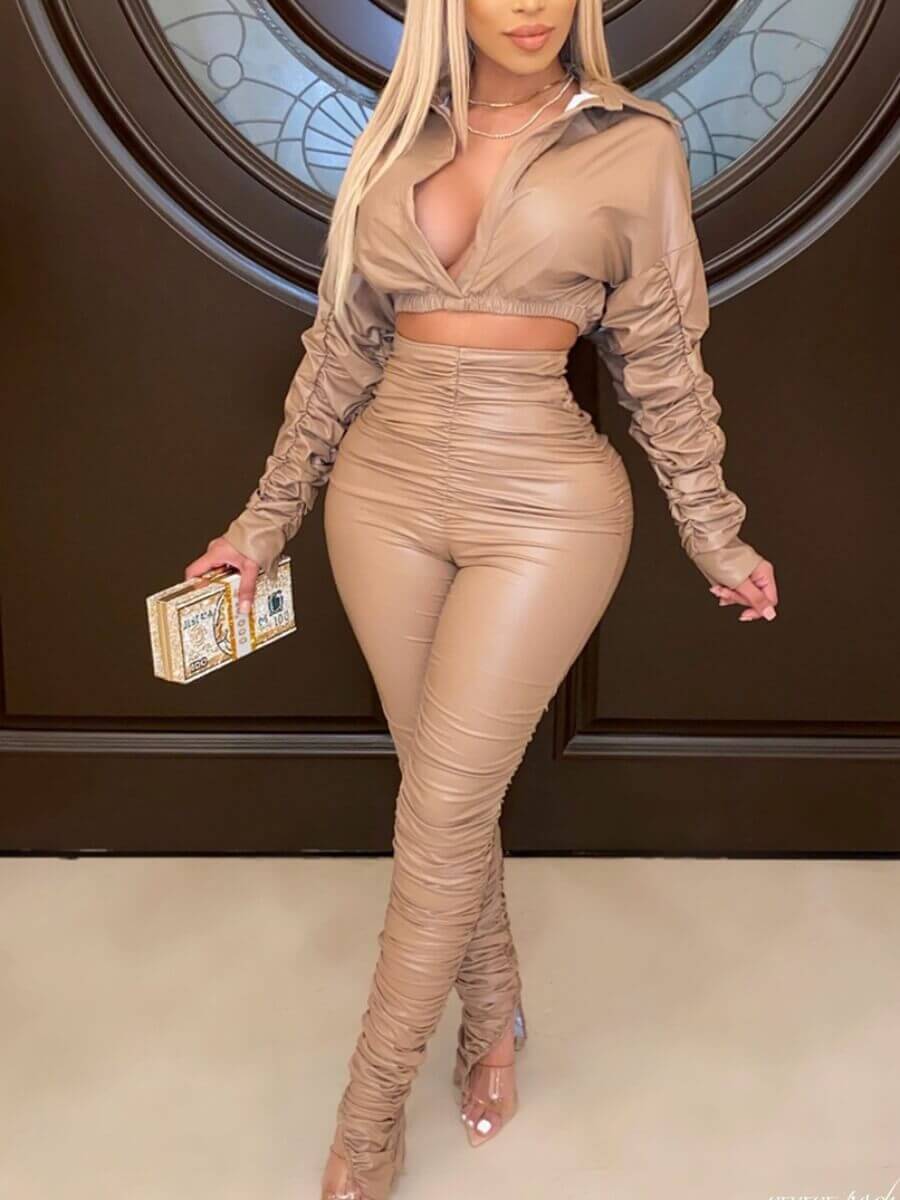 

LW Dropped Shoulder Fold Design Tracksuit Set, Khaki