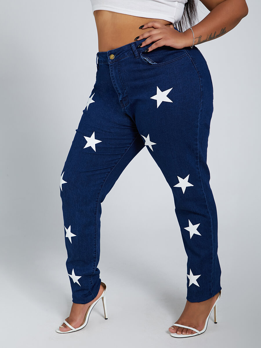 

Lovely Trendy Pentagram Print Deep Blue Plus Size Jeans