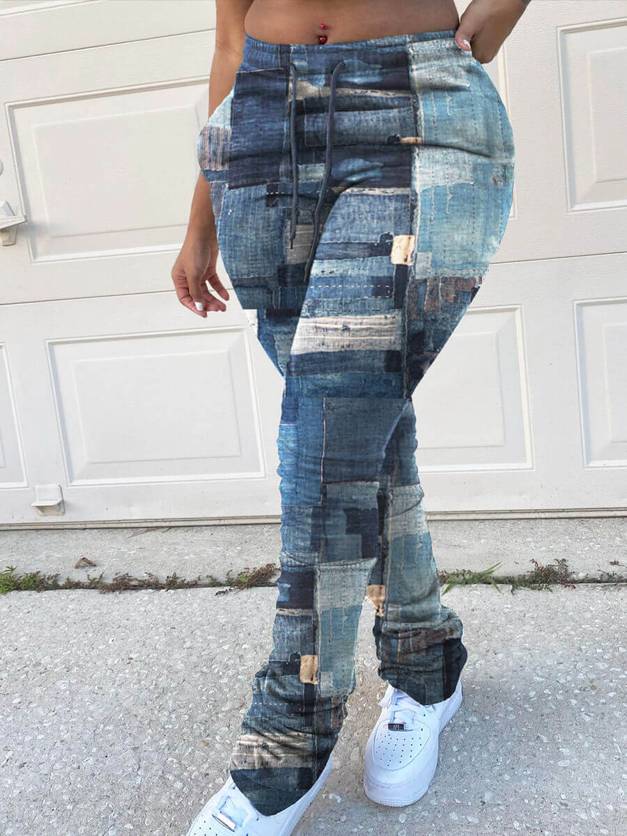 

LW BASICS Plus Size Casual Print Skinny Blue Pants