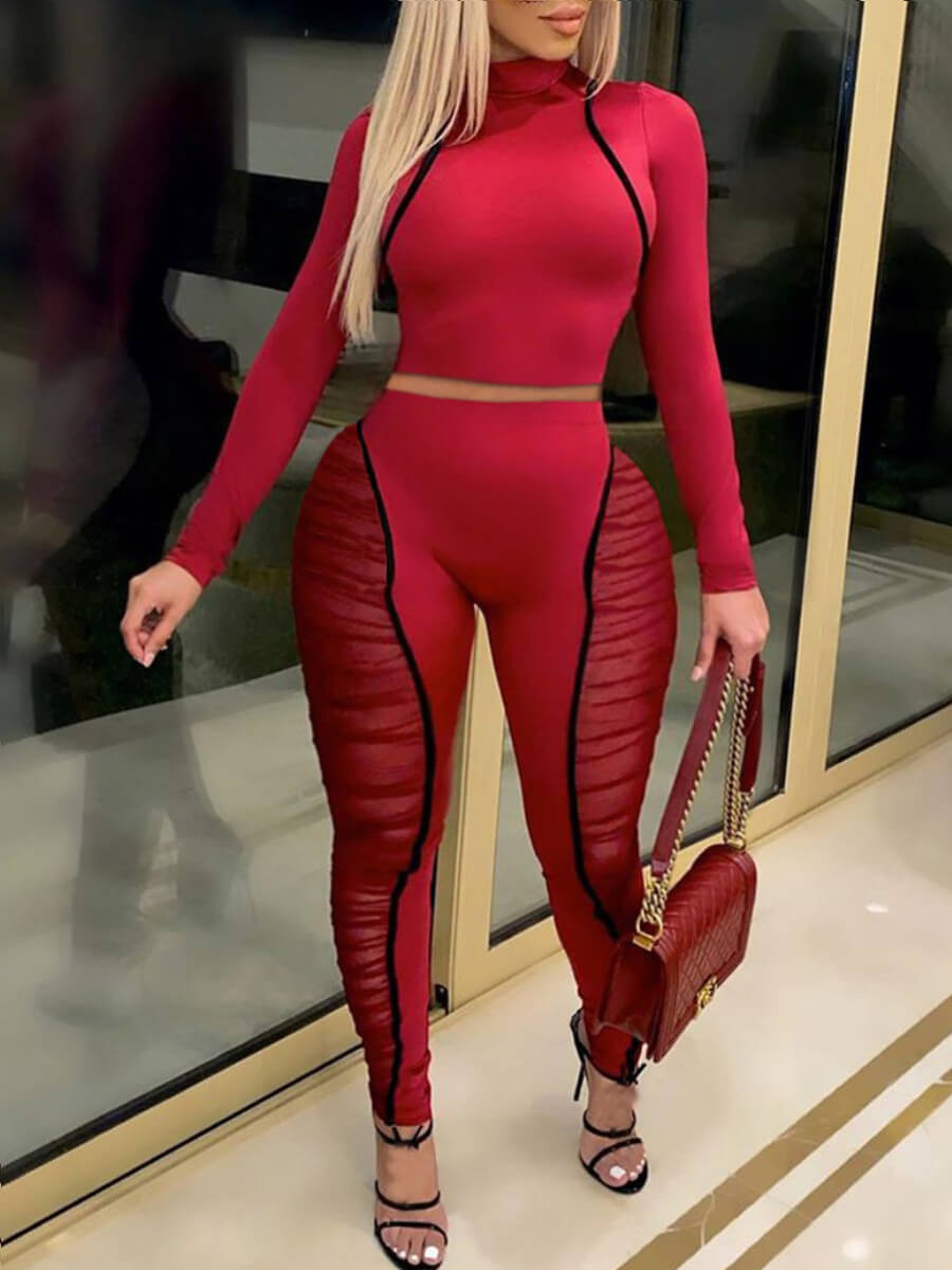 

Lovely Sportswear Half A Turtleneck Patchwork Red Plus Size Two-piece Pants Set