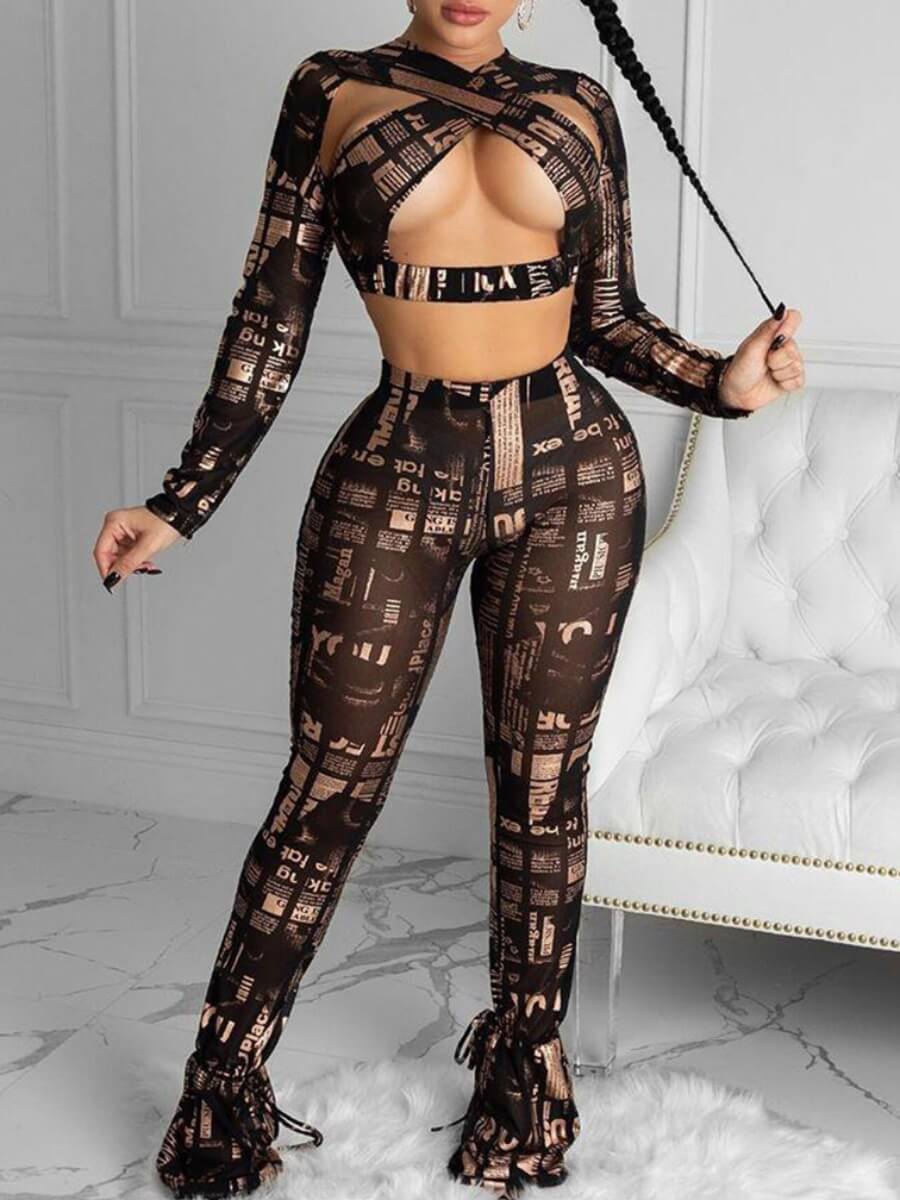 

Lovely Sexy Print Hollow-out Dark Coffee Two Piece Pants Set
