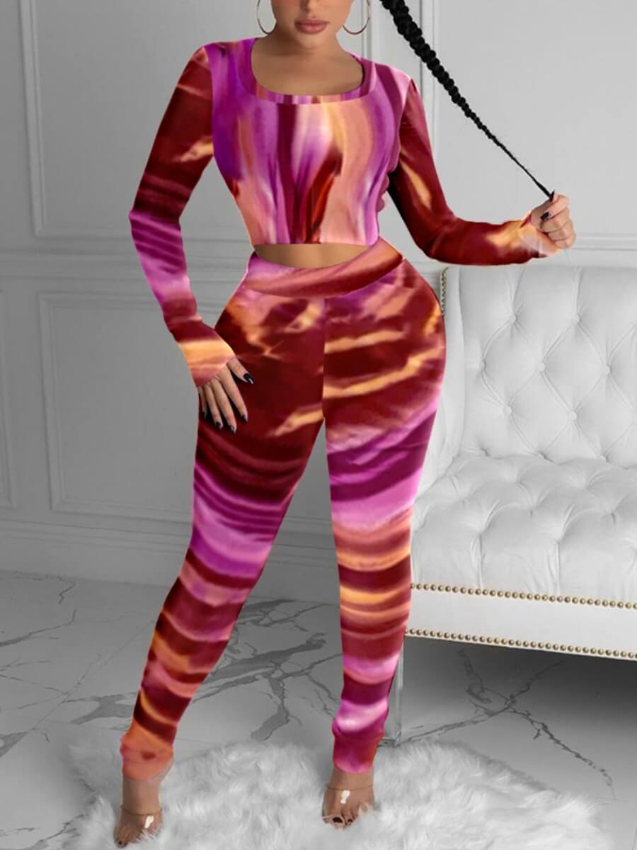 

Lovely Casual Tie Dye Print Patchwork Red Two Piece Pants Set