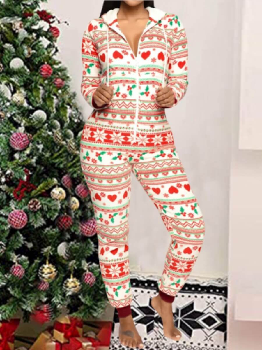 

Lovely Casual Hooded Collar Christmas Day Print Red Sleepwear