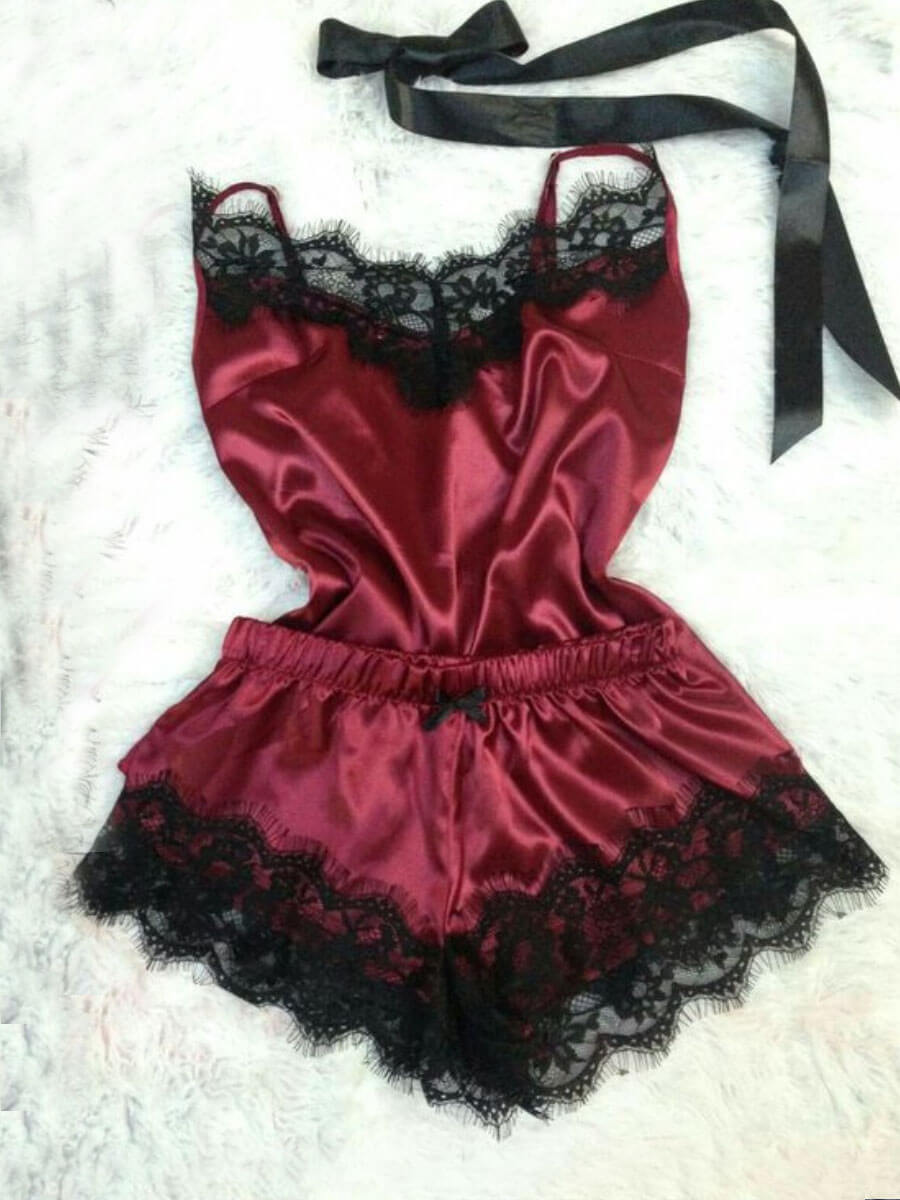

Lovely Sexy Spaghetti Strap Lace Patchwork Wine Red Sleepwear