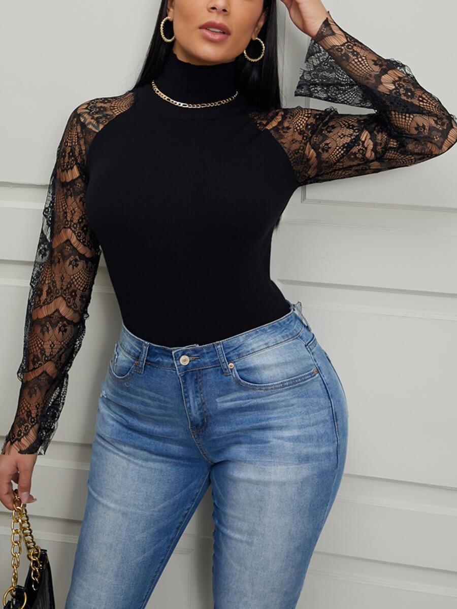 

LW Trendy Turtleneck Lace Patchwork Black Sweater