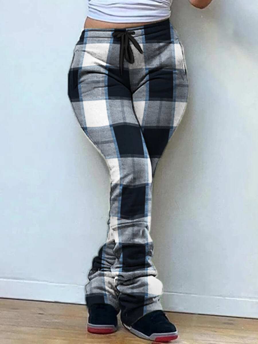 

LW Street Plaid Print Patchwork Drawstring Black Pants