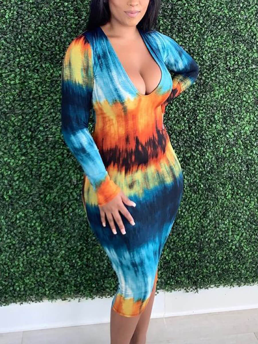 

Lovely Trendy Deep V Neck Tie-dye Blue Knee Length Dress