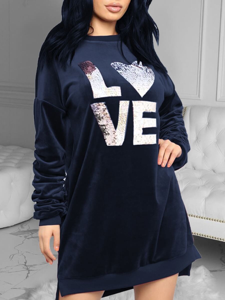 

Lovely Casual O Neck Letter Print Black Knee Length Dress, Dark blue