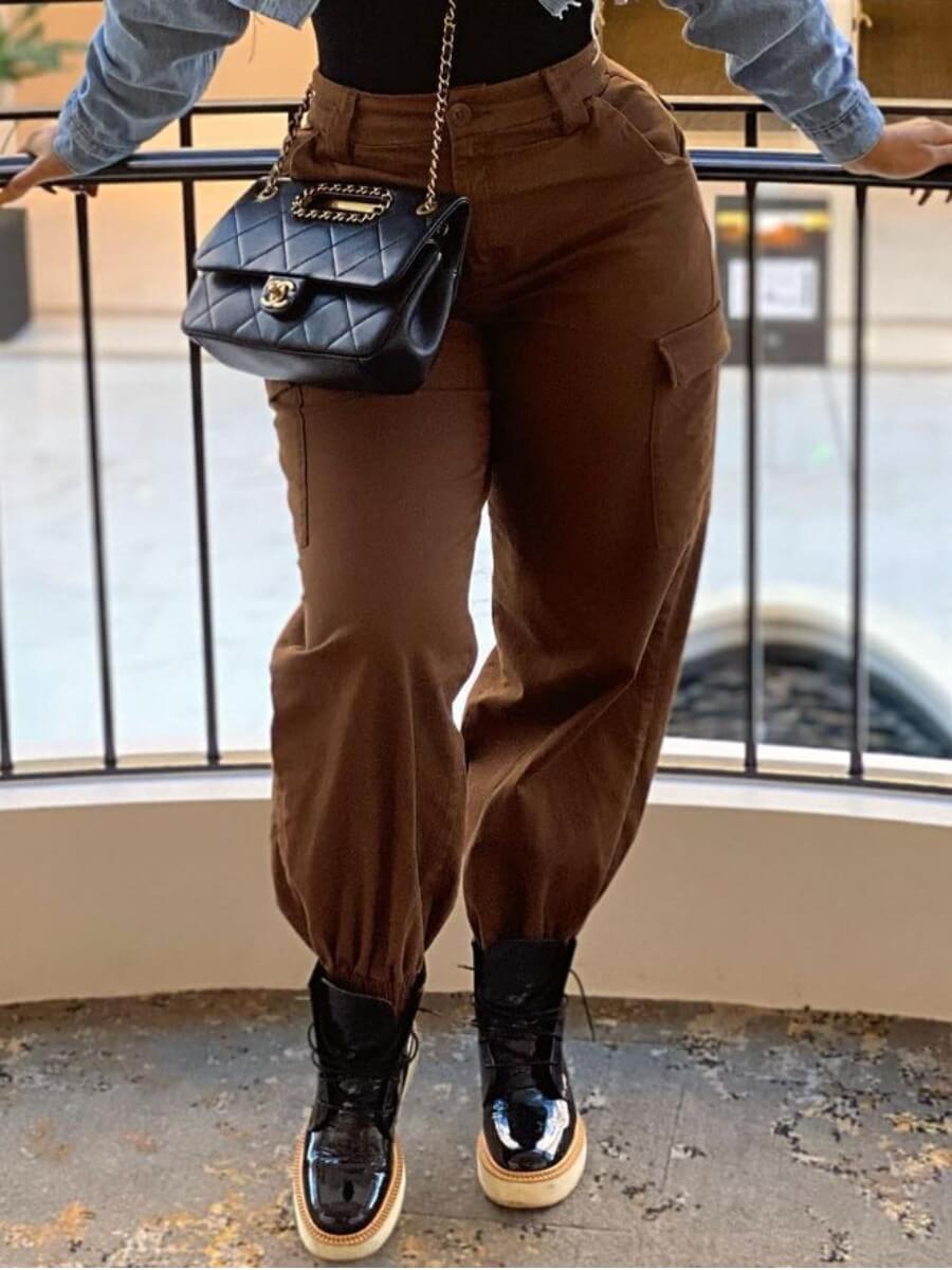 

Lovely Street Mid Waist Side Pocket Design Brown Pants
