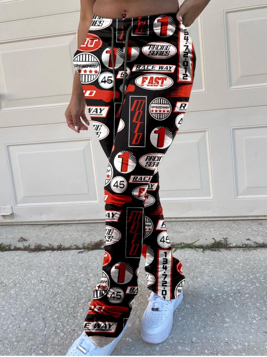 

Lovely Street Mid Elastic Letter Print Black Pants