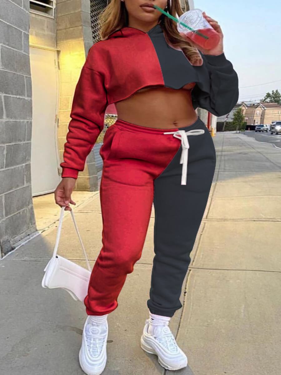 

Lovely Casual Hooded Collar Patchwork Red Two Piece Pants Set, Black