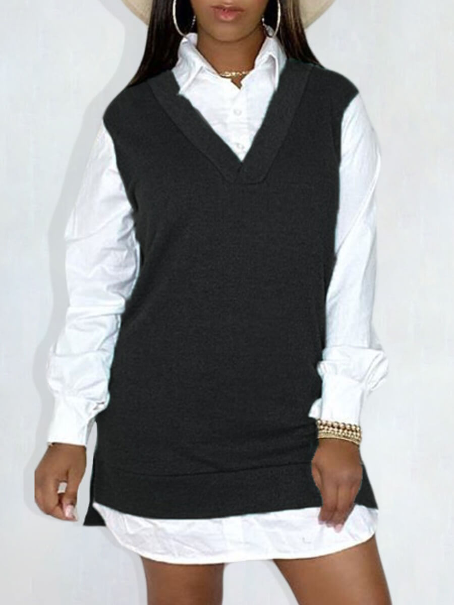 

Lovely Casual V Neck Patchwork Black Shirt Mini Dress