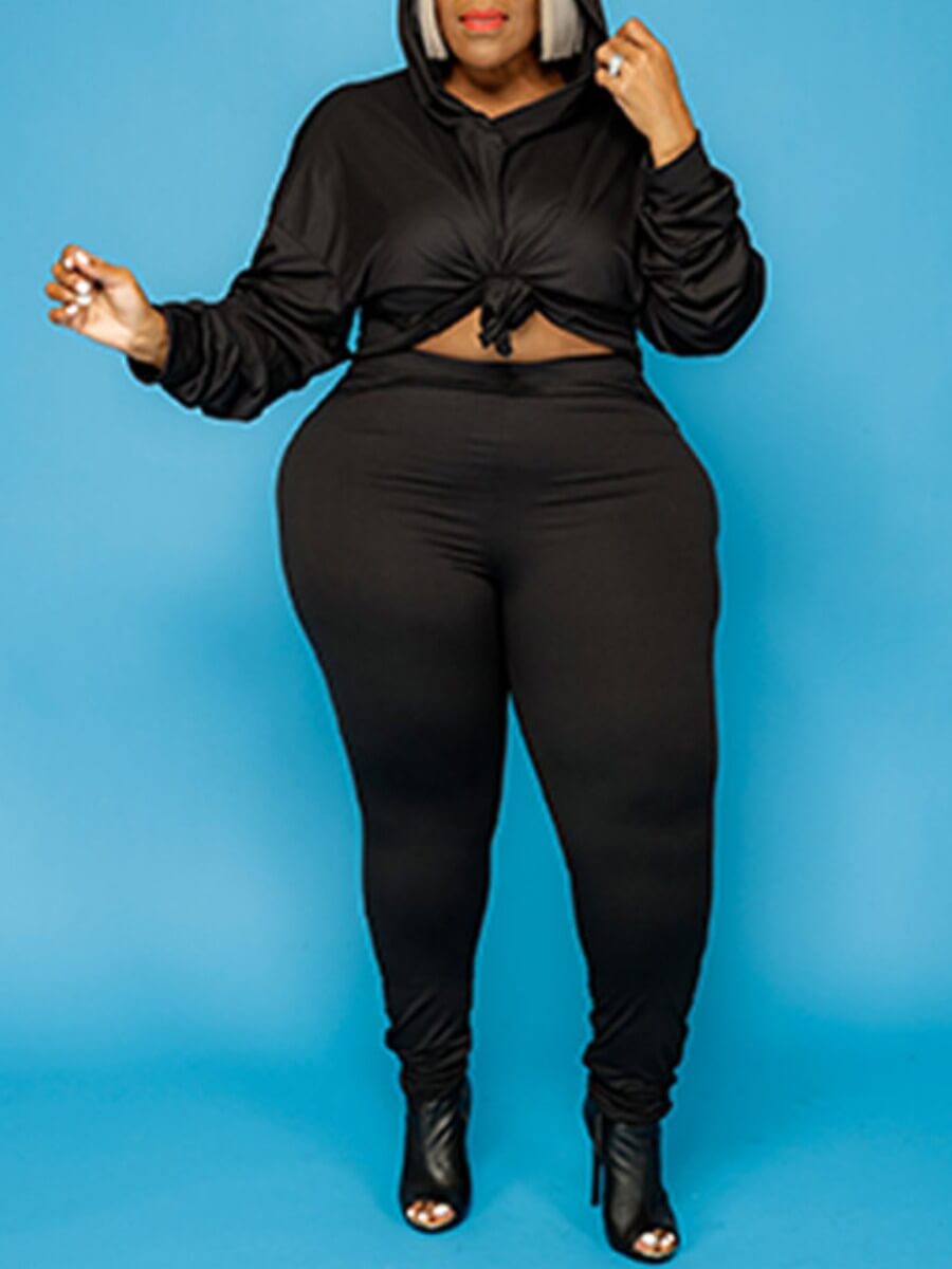 

Lovely Leisure Hooded Collar Basic Black Plus Size Two-piece Pants Set