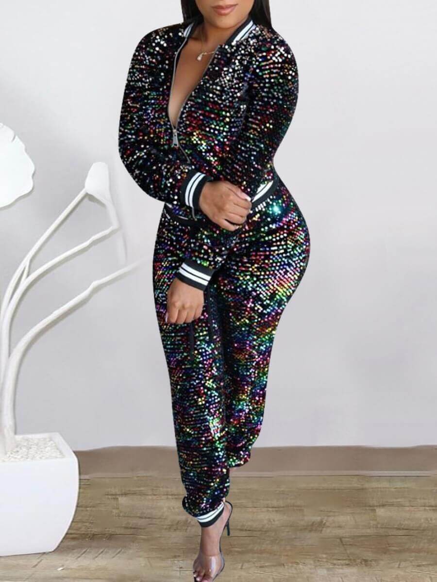 

Lovely Stylish Sequined Zipper Design Black Two Piece Pants Set