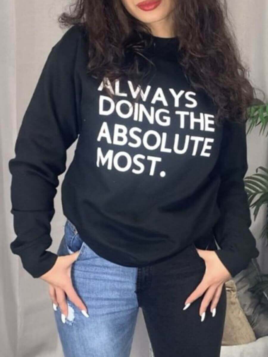 

LW BASICS Plus Size Street O Neck Letter Print Black Hoodie
