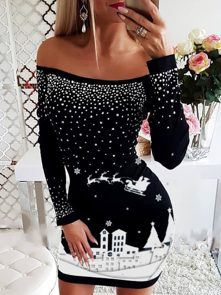 

Lovely Trendy Dew Shoulder Print Hot Drilling Decorative Black Mini Dress