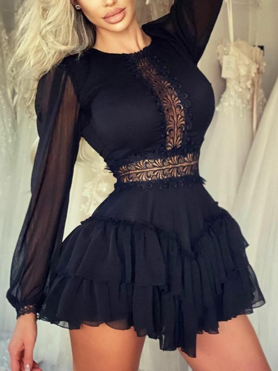 

Lovely Trendy O Neck Patchwork Black Mini Dress