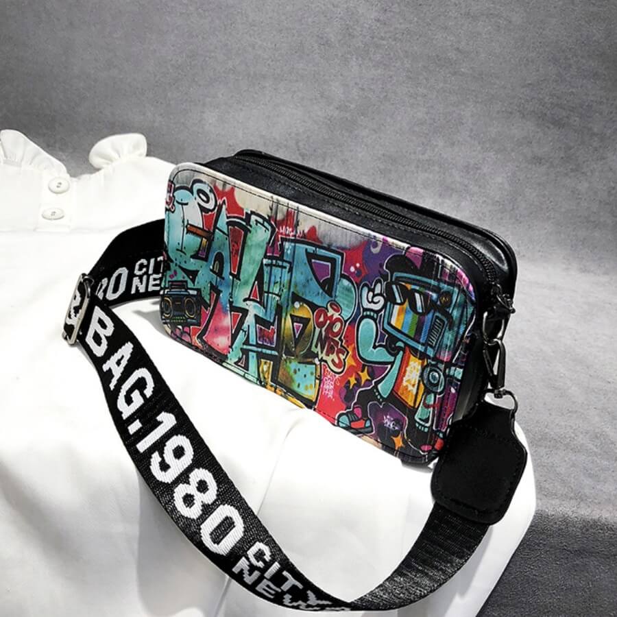 Lovely Trendy Graffiti Print Black Crossbody Bag