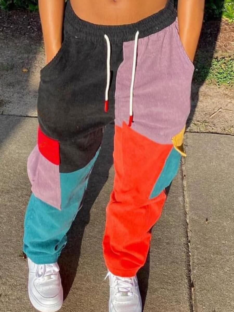 

Lovely Street Color-lump Patchwork Black Pants