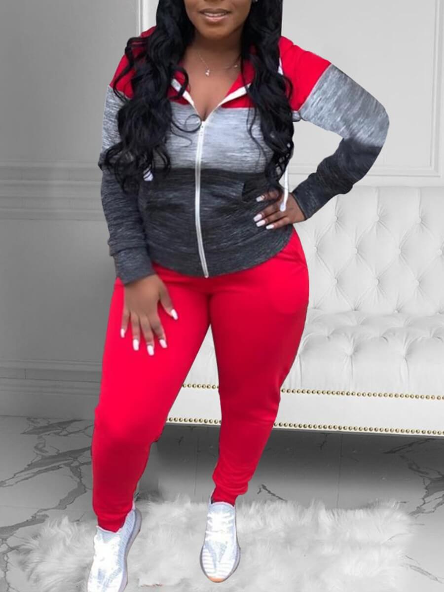

Lovely Sportswear Hooded Collar Color-lump Stitching Red Plus Size Two-piece Pants Set