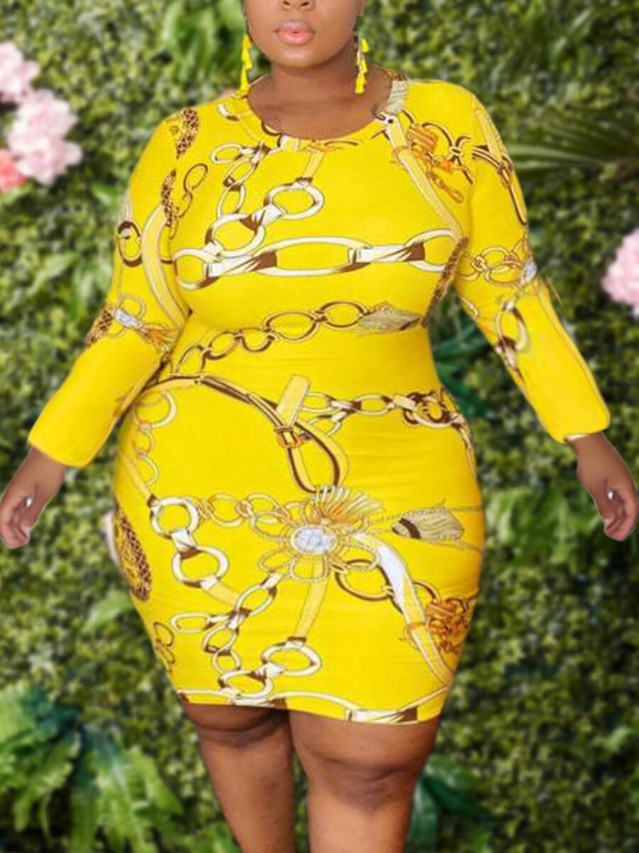 

Lovely Casual O Neck Print Yellow Mini Plus Size Dress