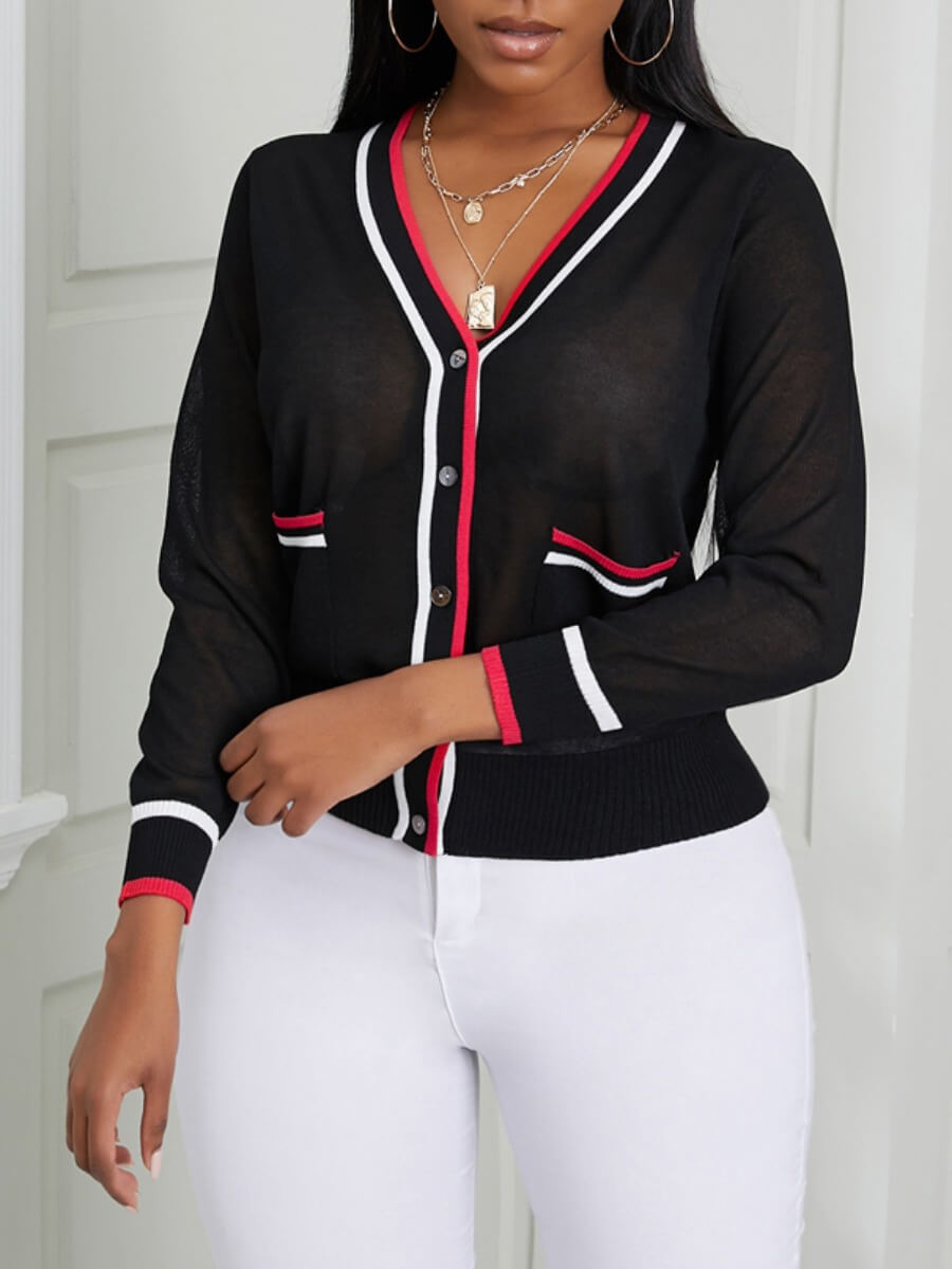 

Lovely Casual Pocket Design Striped Patchwork Black Cardigan