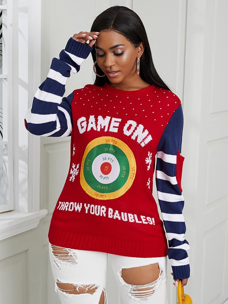 

Lovely Leisure Letter Print Striped Patchwork Red Sweater