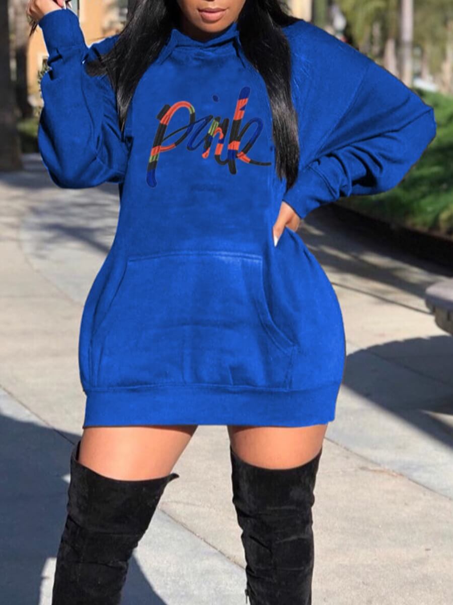 

Lovely Street Letter Print Kangaroo Pocket Blue Mini Dress