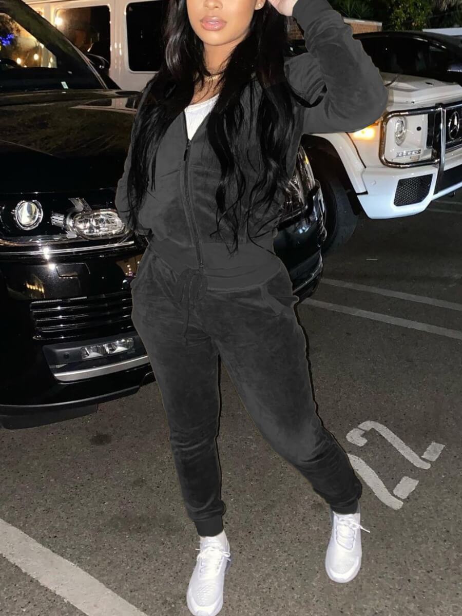 

Lovely Casual Pocket Zipper Design Black Two Piece Pants Set